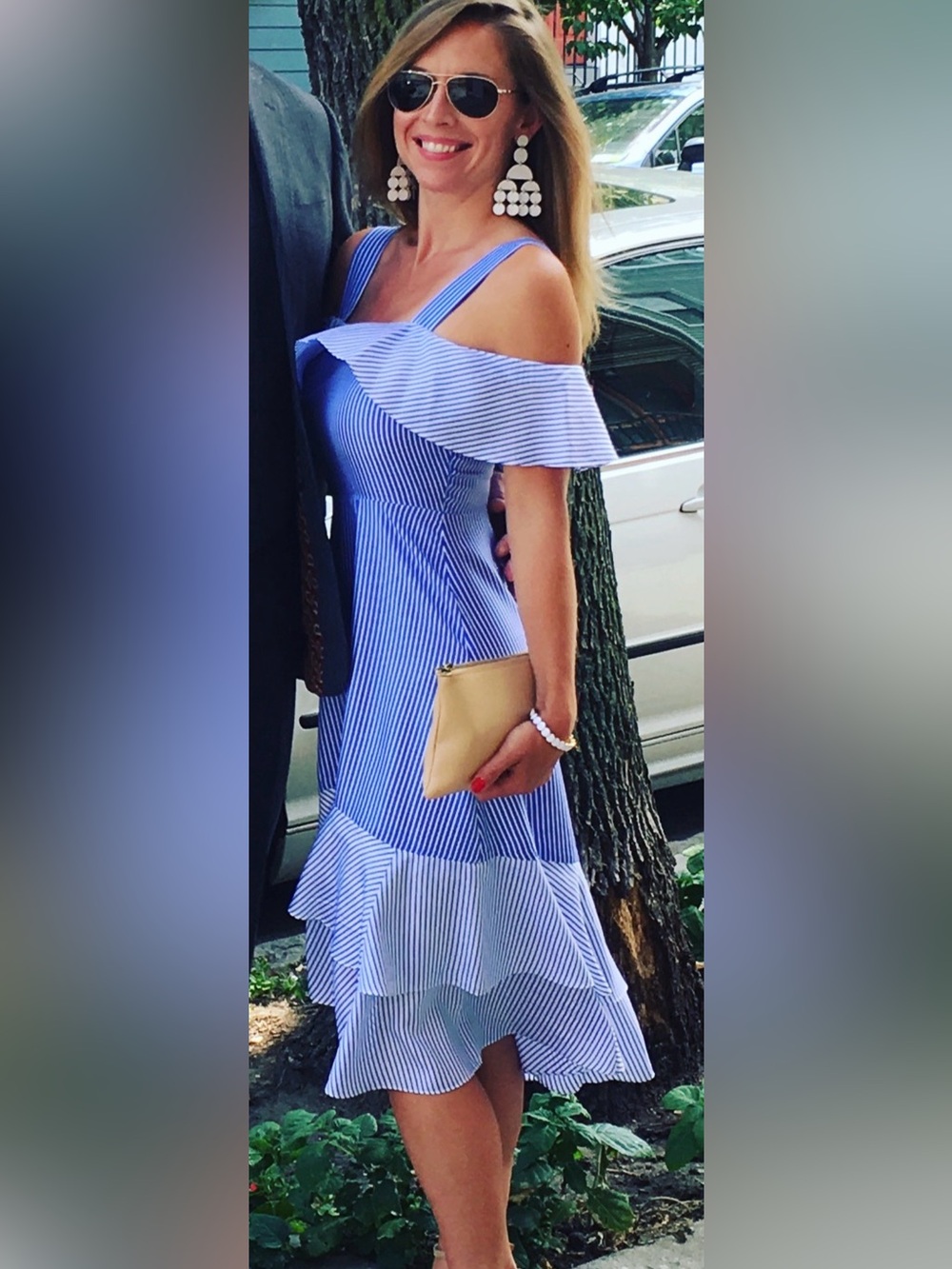 Silk Striped Light Blue Off-Shoulder Ruffle Midi Dress